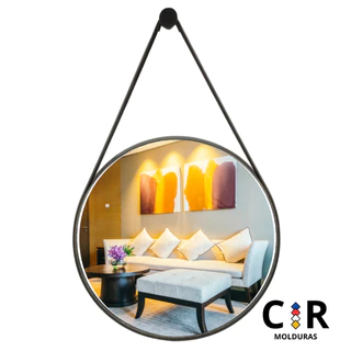 Espelho Decorativo Redondo 60cm Adnet C/ Alça em Couro Ecológico + 5 Anos de garantia