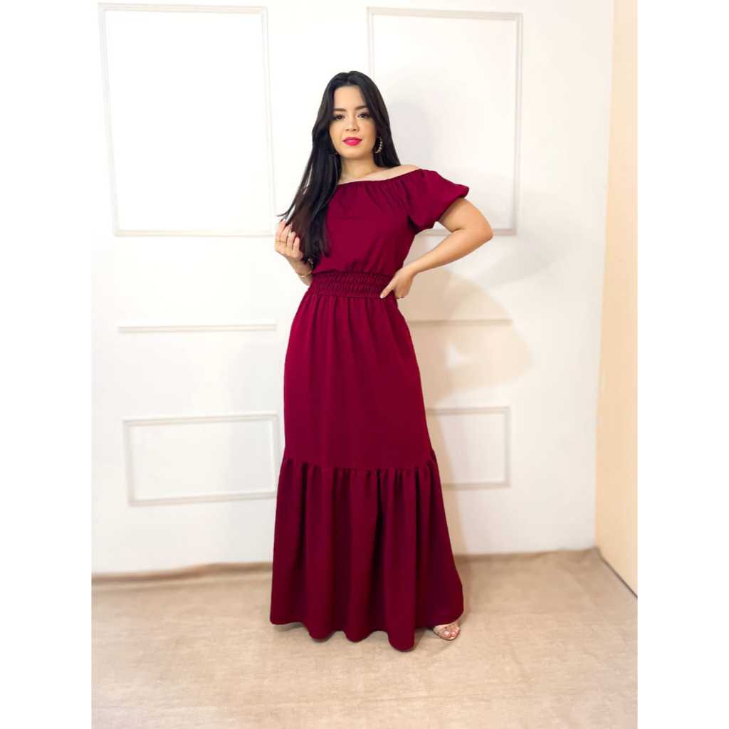 Vestido Longo de Mangas Ciganinha Ombro a Ombro Varias Cores