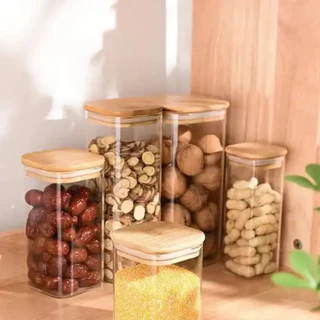 Kit 4 pçs Pote Hermético Vidro + Tampa Bambu - 0,9L, 1,350L, 1,6L, 1,8L