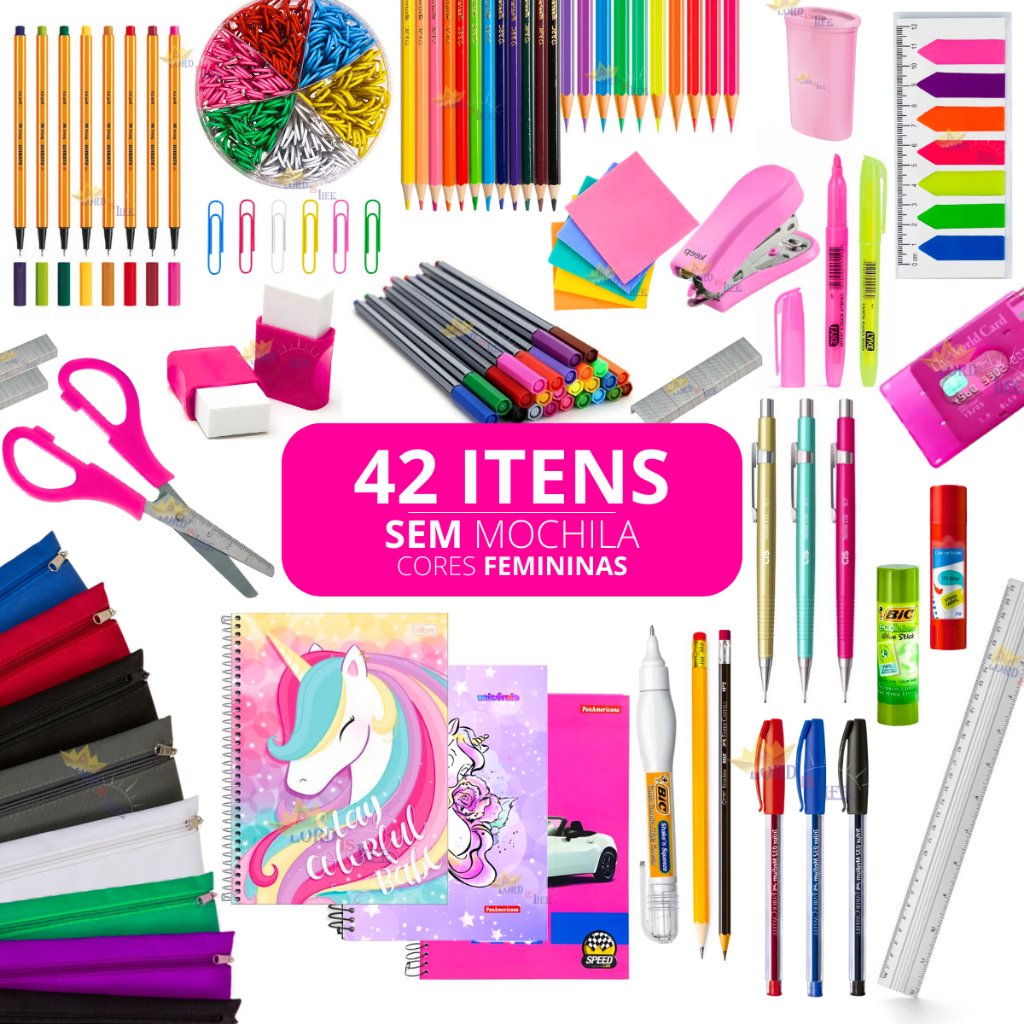 Kit Material Escolar Feminino Completo 43 Itens Volta As Aulas 2024 ...