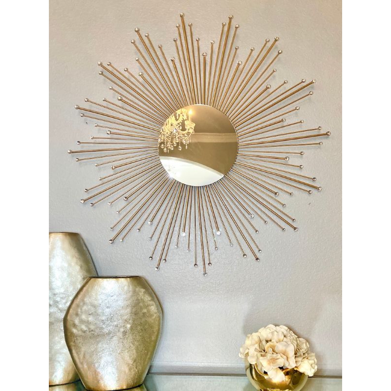 Espelho de Madeira Sol Artesanal Decorativo Arte Bojo Decoração Sala Quarto Hall de Entrada Dourado Cobre Bronze Prata Preto Sol Redondo 65cm