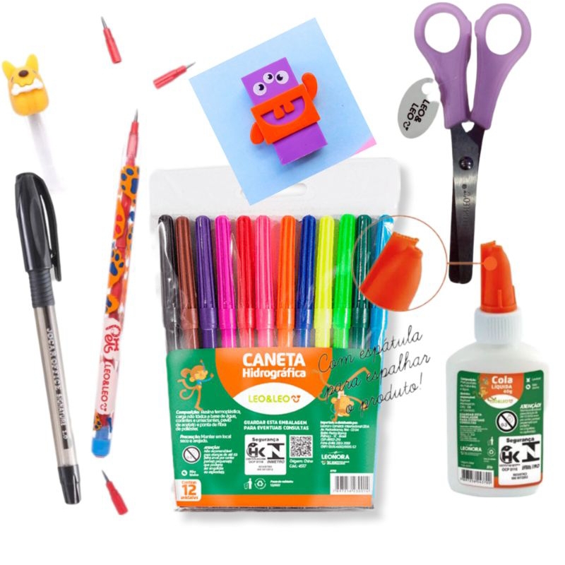 kit Escolar com hidrocor, cola,tesoura,lápis, borracha, caneta