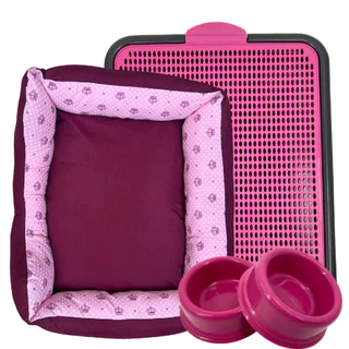 Kit Essencial Cama Dupla Face Sanitário Comedouro Bebedouro Luxo Conforto Premium Gatos e Cachorros