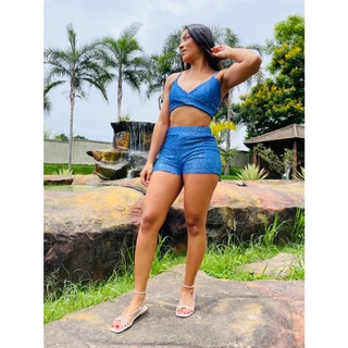 Conjunto Em Paete Feminino Shorts Cropped Barato Full