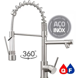 Torneira Cozinha Gourmet Inox Escovado Monocomando Com Spray Extensor Luxo Quente Fria