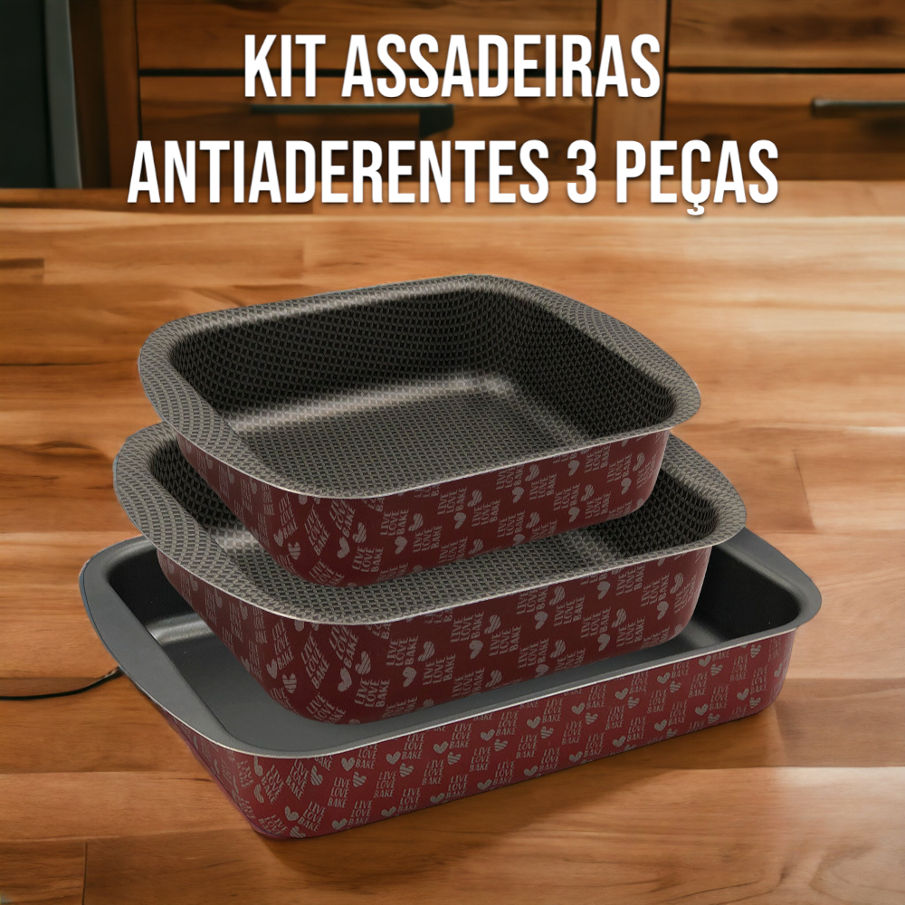 Kit 3 Assadeiras Formas Antiaderentes Alta Qualidade Não Gruda para Bolos Lasanhas Carne Cozinha