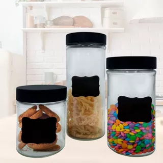 Conjunto 3 Potes Vidro Com Tampa E Adesivo Lousa P/ Escrever