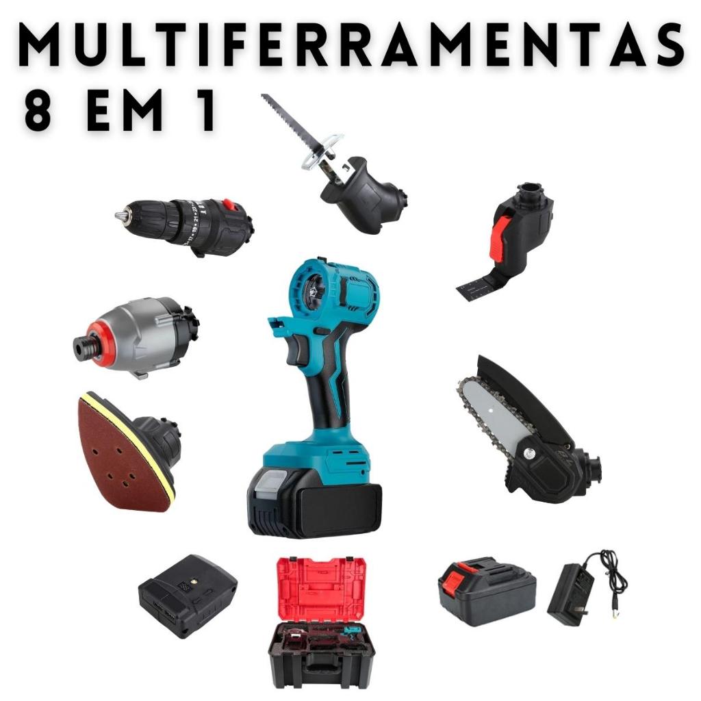 Kit 8 em 1 Furadeira Parafusadeira Lixadeira Motosserra Cerra