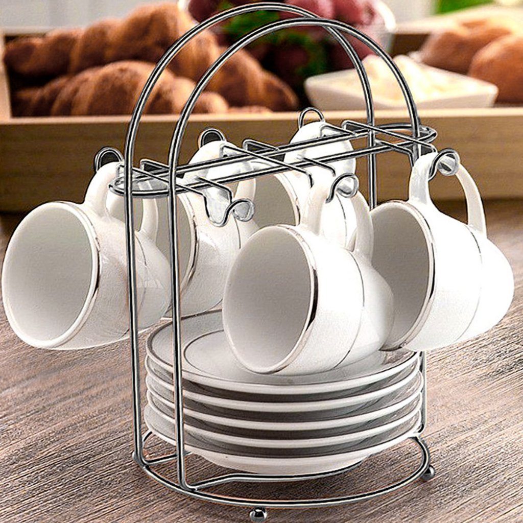 Suporte Organizador Porta Xícaras e Pires Com 6 Ganchos Aço Inox