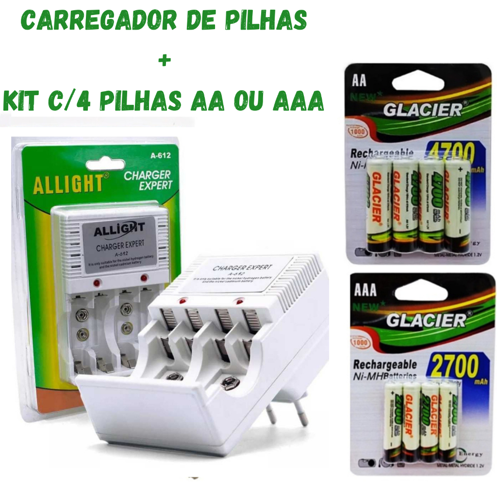 Kit Carregador De Pilhas AA/AAA/Bateria 9v