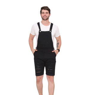 Macacão (Jardineira) Masculino Curto Sarja Preto Destroyed