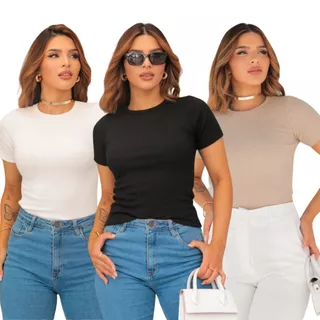 Kit com 3 Blusas Casual Ribana Algodão