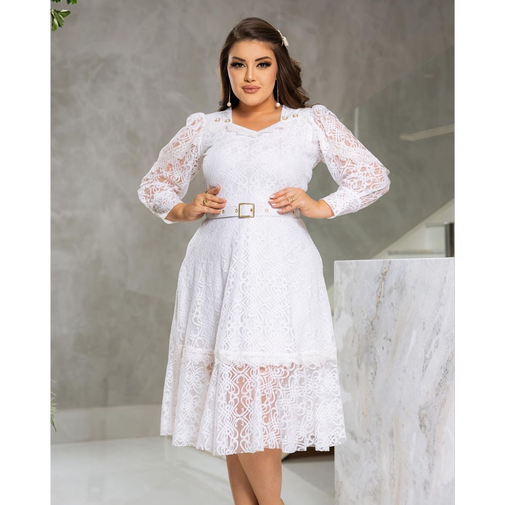 Vestido Evangélico Pérolas Tule e Renda Guipir Midi com Cinto Festa ...