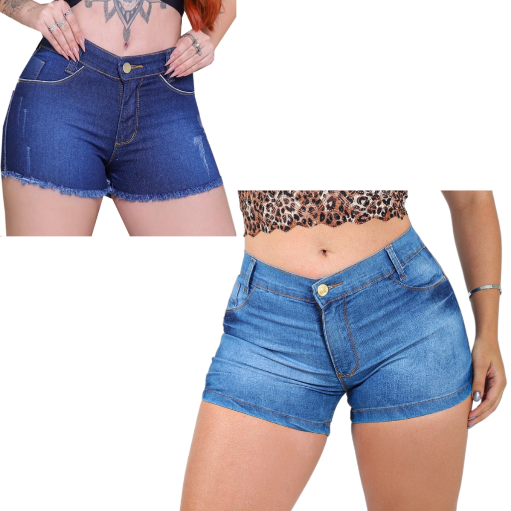 Kit 2 Short Jeans Feminino Cintura Levanta Bumbum Com Elastano Lycra Cós  Alto