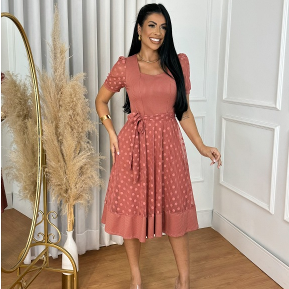 vestido gode midi canelado com tule M-G-GG com faixa para amarrar