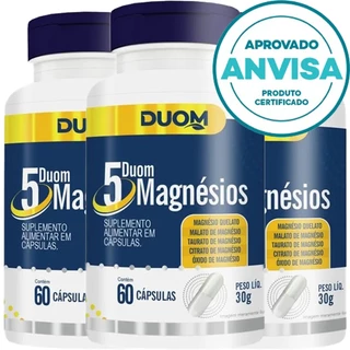 KIT 3 Unidades - 5 Magnésios Quelato + Malato + Taurato + Citrato + Óxido - 60 Cápsulas 500mg Duom