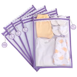 Kit c / 5 Saquinhos Maternidade (LILÁS ) Tule com TAG ACRÍLICA e ZÍPER Organizadores 30x35 cm
