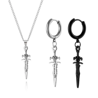 Par de Brinco de espada preto prata argola pequeno Colar corrente espada masculino feminino rock roqueiro estilo de fecho clik