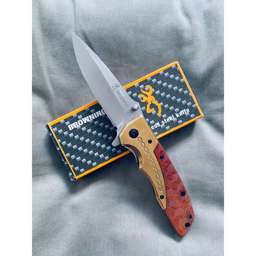 Canivete Madeira Cor Dourado Semi Automatico Inox Pesca Camping Da77