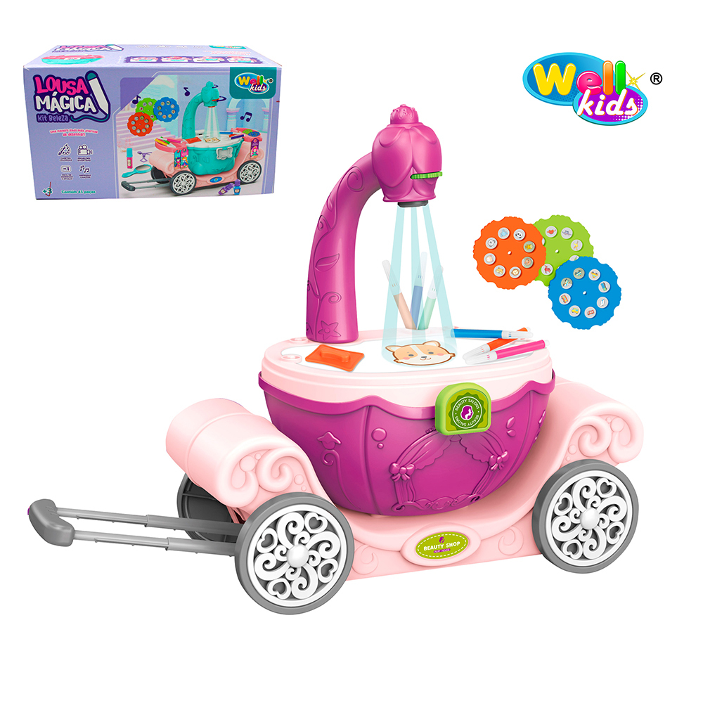 MESA LOUSA MAGICA E KIT BELEZA INFANTIL CARRINHO MALETA COM PROJETOR IMAGEM PARA PINTURA + SOM E LUZ PILHA 41 PECAS