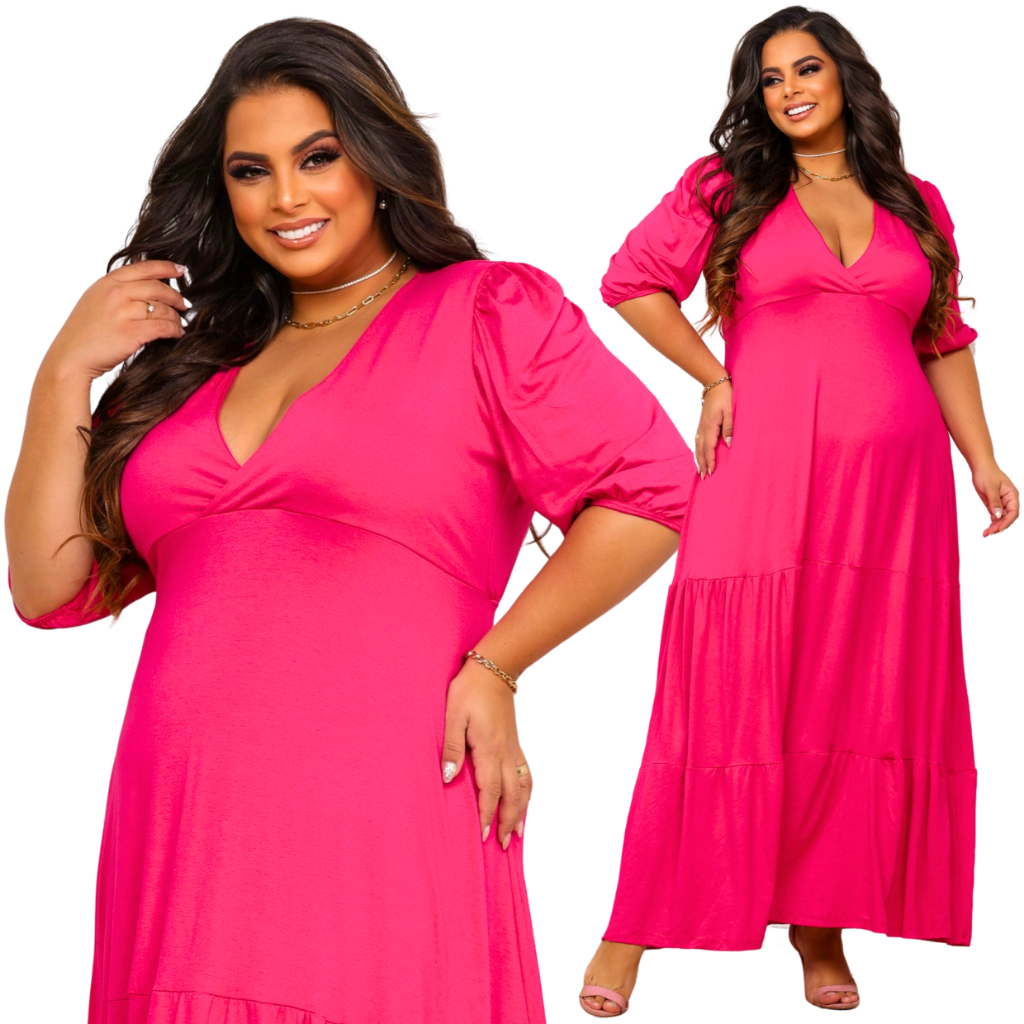 Vestido Longo com Amarração nas Costas Decote V Manga Princesa Plus Size Super Confortável e Elegante