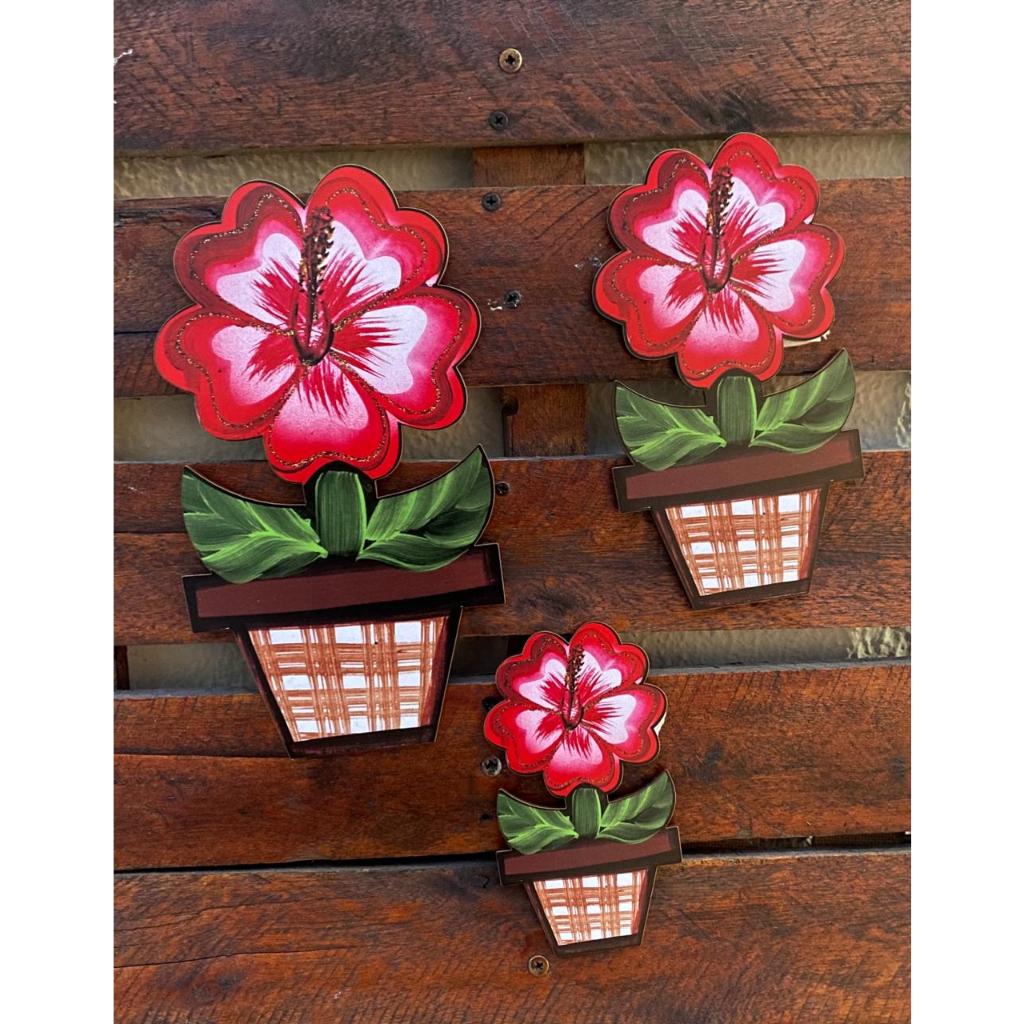 Trio de Flores Tulipa Decoração em Madeira Mdf Jardim Enfeite Parede