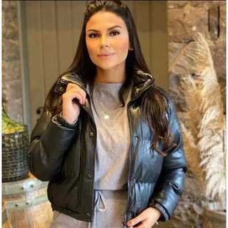 Jaqueta Puffer Cropped Couro Fake Grossa e Forrada