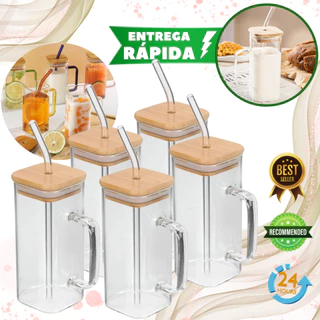 Jogo 5 Caneca de Vidro 300Ml Tampa Hermética Bambu Canudo Vidro Borossilicato Copo drink suco agua