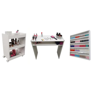 Kit Para Manicure Com Mesa + Prateleira de Esmaltes + Carrinho Auxiliar com 3 Bandejas e Rodinhas MDF