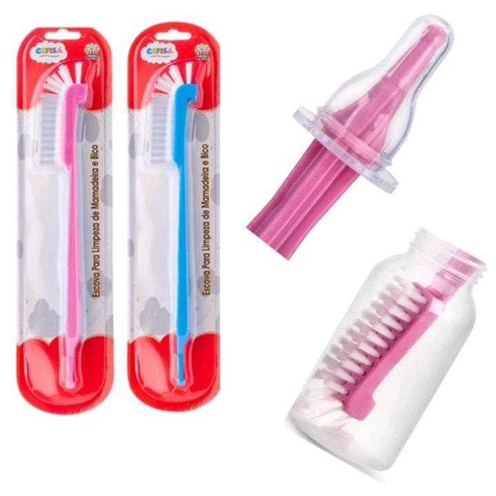 Escova p/ Lavar Mamadeira Limpeza De Mamadeiras E Bicos Azul ou Rosa Cefisa
