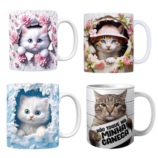 Kit com 4 Canecas Gatinha 3D Rosa 325 ml Porcelana