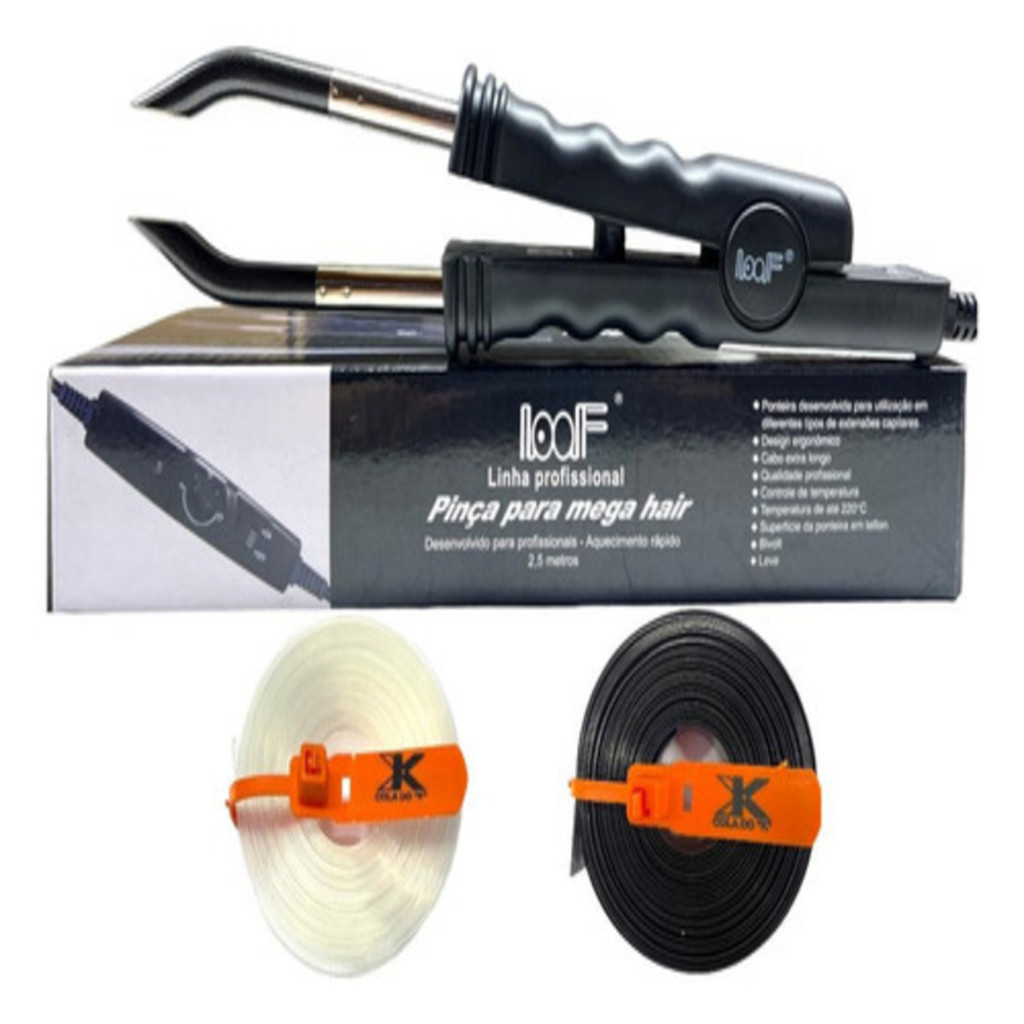 Kit Pinça Elétrica Para Mega Hair Preta + 2 Queratina Fita K