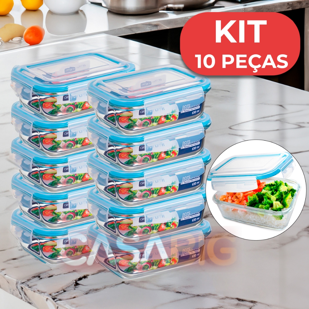 Kit 10 Potes de Vidro Marmita Fit Tampa Plastica 630ml