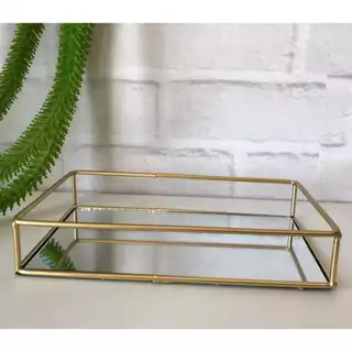 Bandeja espelhada retangular para perfumes/lavabo/banheiro de vidro rosé e dourado e preto