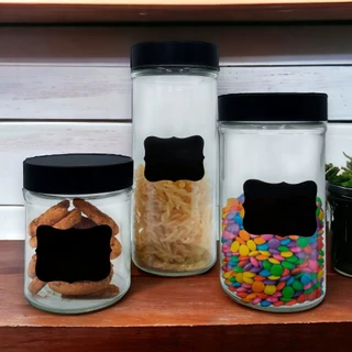 Conjunto 3 Potes Vidro Com Tampa E Adesivo Lousa P/ Escrever