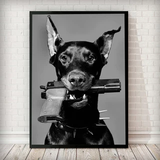 Quadro decorativo 1 peça 90x70 moderno preto branco doberman moda luxo cachorro para sala quarto