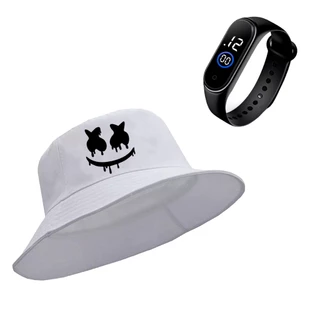 Kit Bone Chapeu Bucket Hat Sorriso Dj Marshmellow Derretendo + Relogio Smart Watch Digital Esportivo