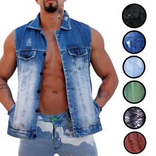 Colete Jeans e Preto Masculino Rasgado Destroyed
