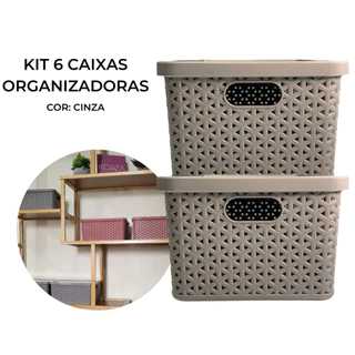 Kit 6 Caixas Organizadoras Cinzas KCAZA com tampa 3,5L