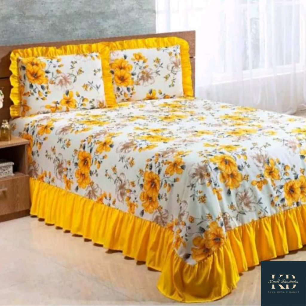 COLCHA CASAL COBRE LEITO QUEEN PIQUET COM BABADO 3 PEÇAS PRÁTICA USO DIÁRIO