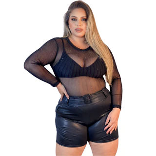 Short Feminino Cirrê com Elastano Couro Fake Ecológico Plus Size G1 G2 G3 48 ao 54 Preto Curvy