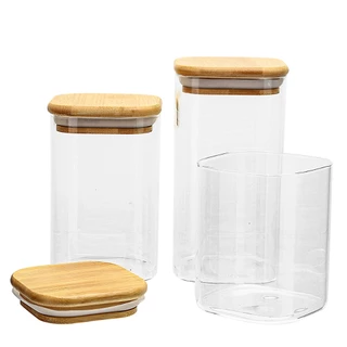 Kit 2 Pote Hermético de vidro transparente Tampa Bambu Quadrado Para Mantimentos