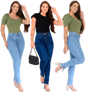 CALÇA JEANS FEMININA COM BARRA DESFIADA E ZIPER NA BARRA COM ELASTANO E MODELAGEM LEVANTA BUMBUM