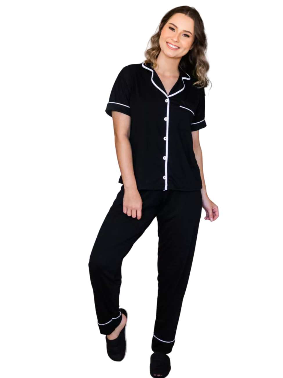 Pijama Feminino Americano Meia Estação Preto | Shopee Brasil