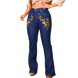 Calça Feminina Country Bordada Cavalo Escura Boiadeira Rodeio