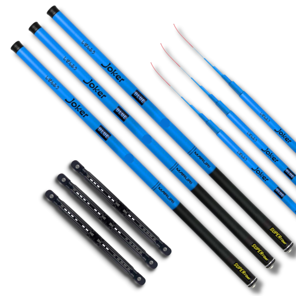 Kit Pesca Completo 3 Varas Telescopicas Joker Azul 4,20m Maruri Fibra de Vidro + 3 Enroladores De Linha