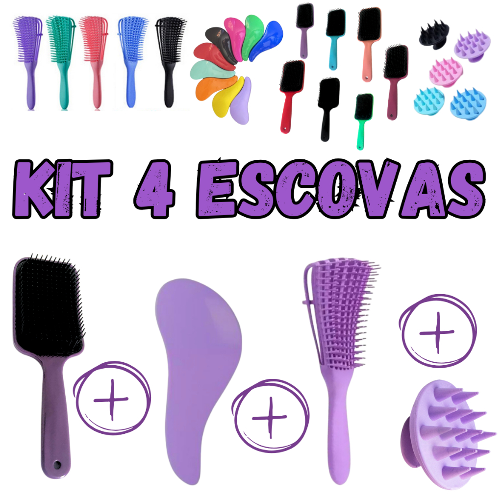 Kit 4 Peças Escova Mágica - Escova Raquete Flex - Escova Pente Polvo e Massageadora Para Couro Cabeludo Todos Os Tipos De Cabelo