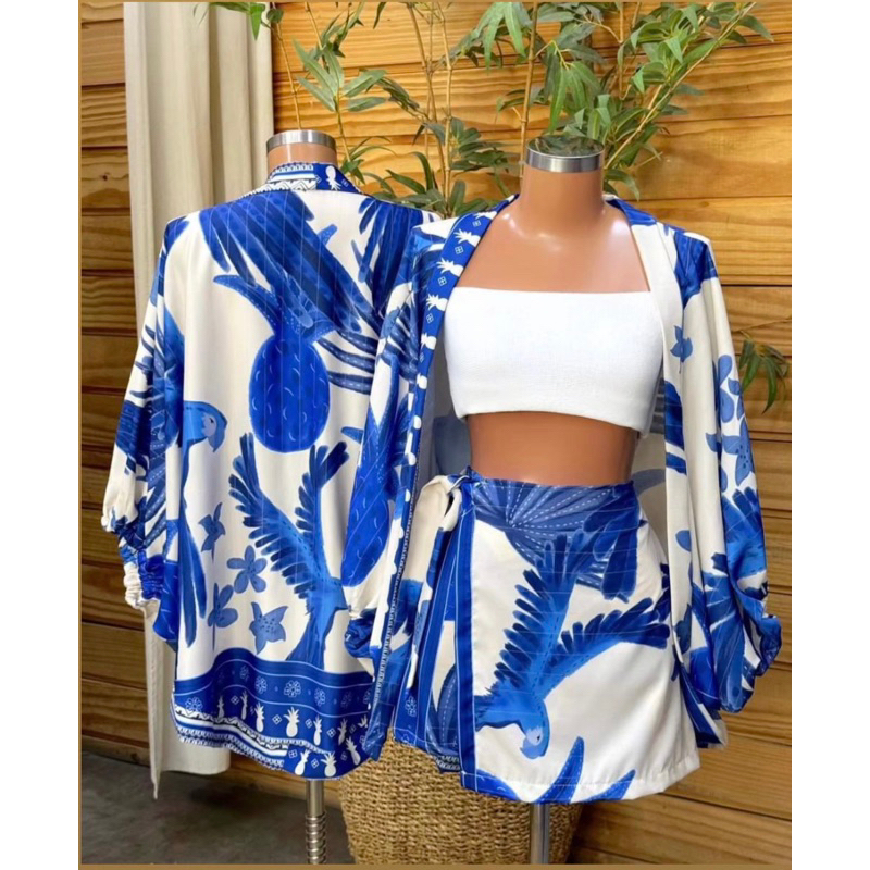 Conjunto Kimono e Short Saia Estampado Moda Tendência