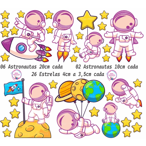 Kit Astronauta No Espa O Adesivo Decorativo Estrelas Foguetes Menina Baby Colante Decora O