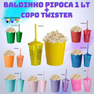 25 Kit Festa Baldinho Pipoca 1Lt + 25 Copos Twister 400 Ml Lembrancinha Cinema Chá Reveleção Festa